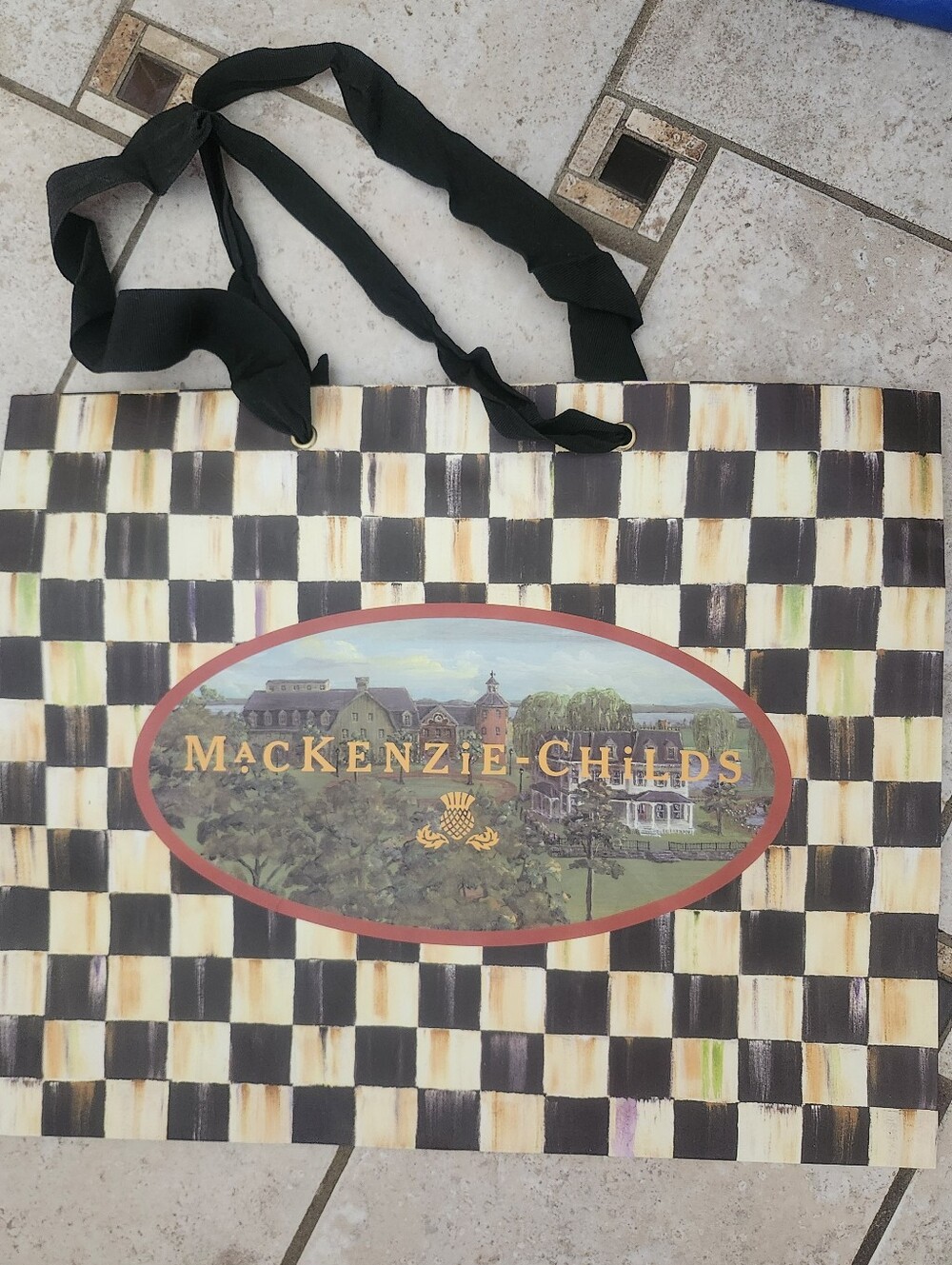 MacKenzie-Childs Black and Cream Checked Paper Shopping Bag -15x12x8.5